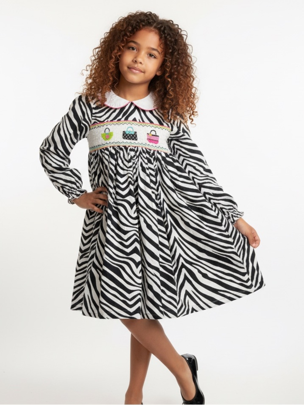 Marmellata Girls Zebra Print Smocked Dress with Handbag Embroidery size 5